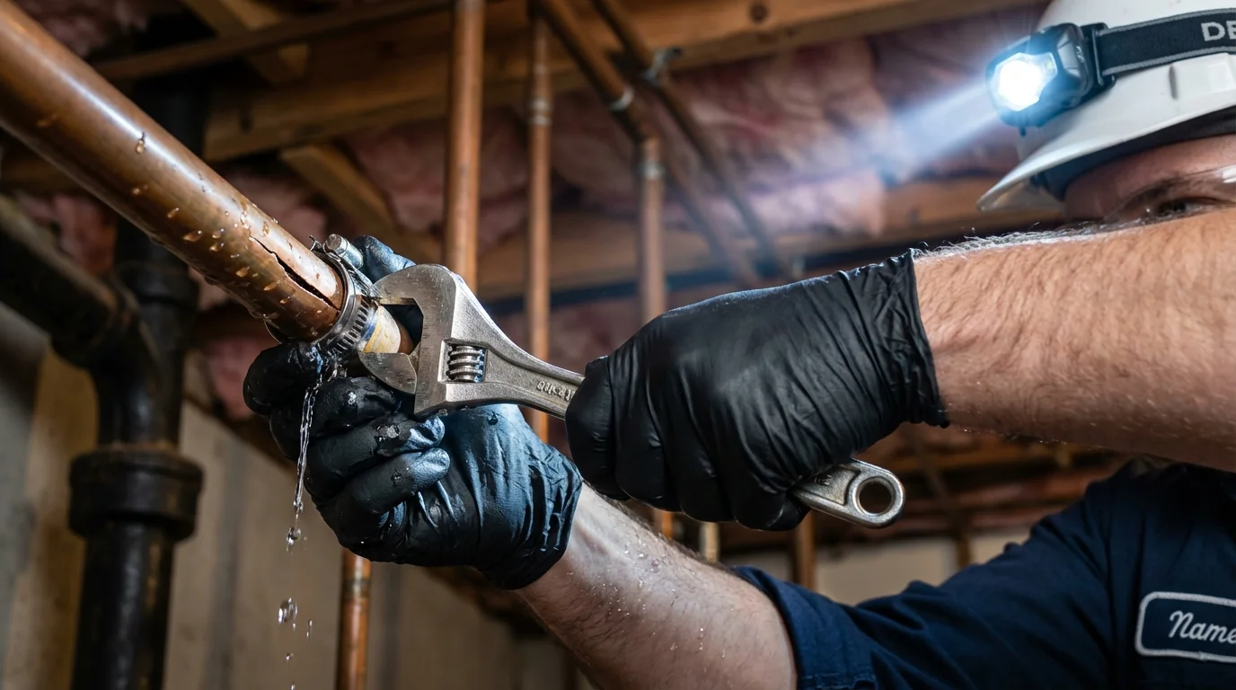 Emergency pipe clamp repair being performed by a Johns Plumbing LLC plumber in Duvall