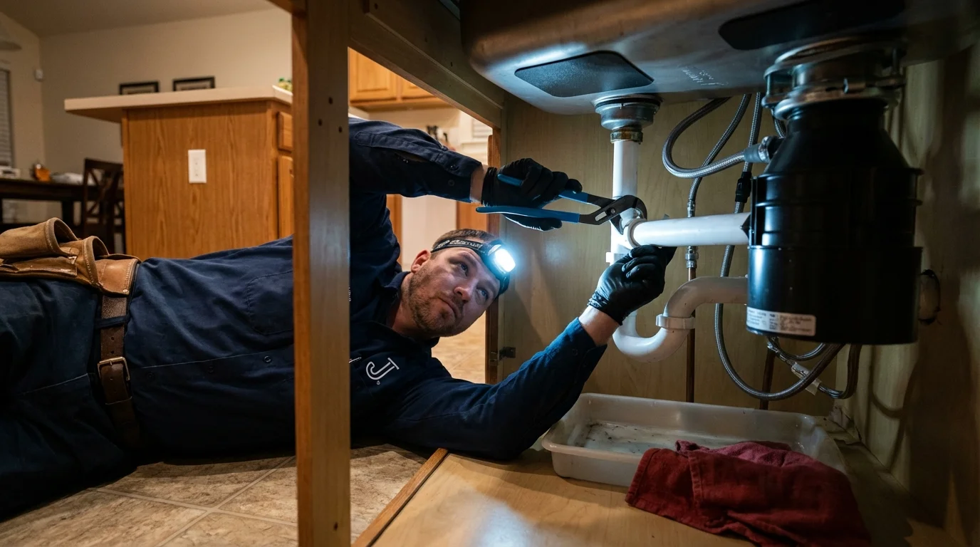P-trap and supply line connections under a kitchen sink showing a common leak point in Duvall, WA
